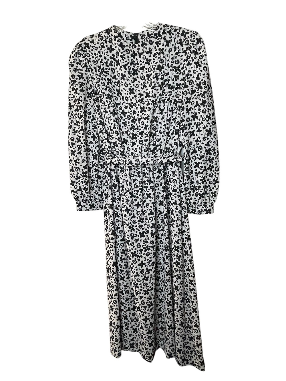 Vintage Lady Carol Petites Black and Cream Floral Print Dress Matching Belt Sz 8